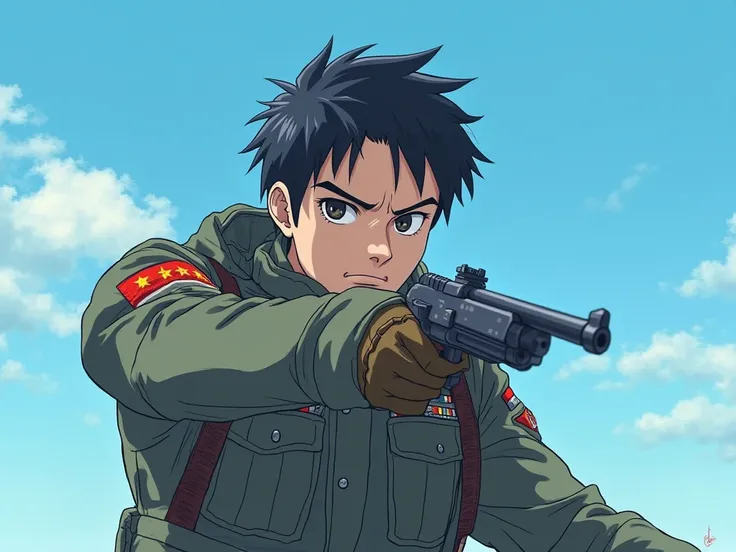  Anime style. Anime guy 25 years old with black hair. It's against the blue sky. The guy is wearing a military uniform and holding a weapon in his hand. He's aiming. A guy with a serious face