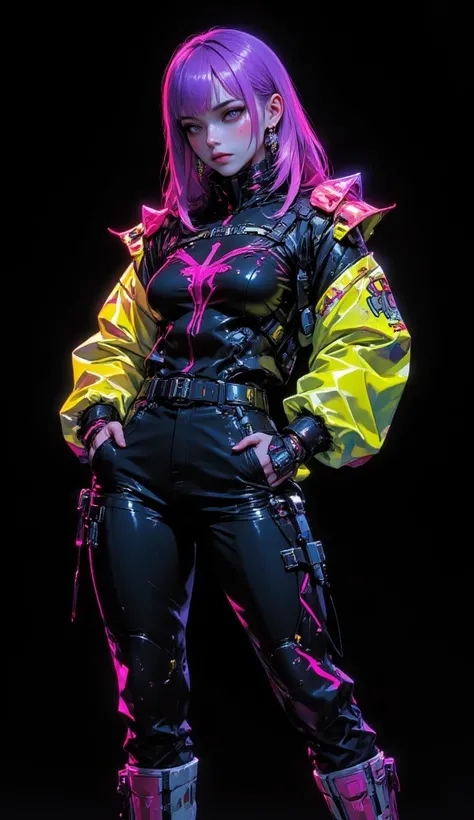 8k, masterpiece, expensiveest quality, woman, vi is nicent, neon,  pink, purple , hair, chartreuse,   yellow,  jacket, black,  is nice,   Metallic  , strap, white,   pants,  pink, Phosphorescence ,  abstract,  symbol, earrings, earrings, subtle,  makeup on...