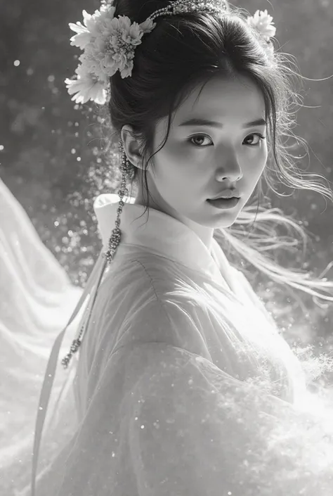 Beautiful Korean woman, (((Mikamaria))), ( motion blur :1.3), incredibly beautiful face, close-up black and white,woman dressed in elaborate pure white hanbok, frantically swirling, translucent shimmering air particles at the end of the dress,  In ancient ...