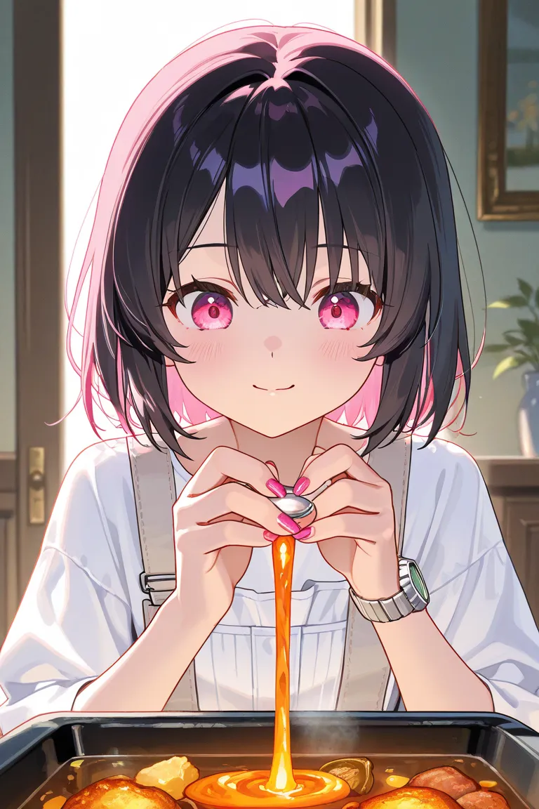 ((best quality)), ((masterpiece)), 1girl, black hair, pink eyes, manicure her nails with nail polish, meagne, watch in right hand, hair flow