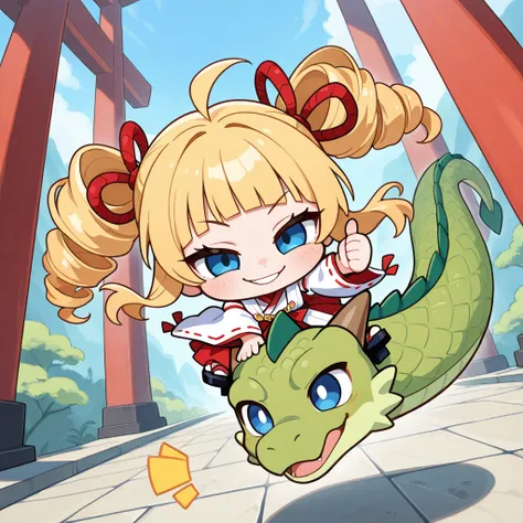 upper body, a Chibi Character, 
Solo, a girl, blonde, long hair, drill hair, floating hair, blunt bangs, ahoge, blue eyes, slant eyes, narrow eyes, naughty face, 
BREAK, 
nontraditional miko, Black platform geta, 
BREAK
riding Chinese green dragon, 
thumbs...