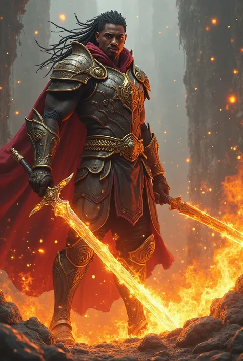 Tall, regal, young, king of DawnValley, Pyromancer, Inferno's_edge (fire greatsword) in right hand,astralite armor,Dreadlocks, african American ,fireball in left hand,dark fantasy, fantasy, retro,4k