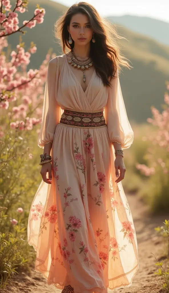 ((full body shot 1.8)),Ultra-realistic portrait of a beautiful female model. She wears a flowing chiffon asymmetrical top in pastel pink, soft peach, and sand beige, paired with a layered bohemian skirt featuring a unique design that blends cherry blossom ...