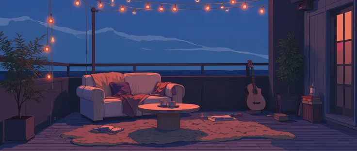 Rooftop at night、nighttime scene、outside of house、with no people、Calm and meditative atmosphere、houseplant、Lo-fi atmosphere、String Light、Cozy sofa、Hot coffee on the coffee table、Warm blanket、 books、There is an acoustic guitar、