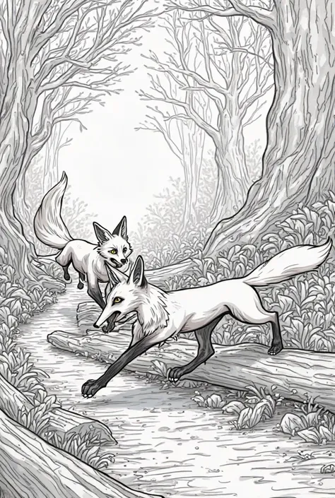 
10. Foxes running through a forest, jumping over logs.line art, without color