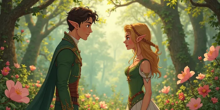 a close up of a cartoon of a man and a woman in a garden, a screenshot by Ei-Q, tumblr, art nouveau, elf forest background, (((mad))) elf princess, elf girl, elf princess, elf girl wearing an flower suit, elf, elven, elf princess knight, elfin beauty, [ [ ...