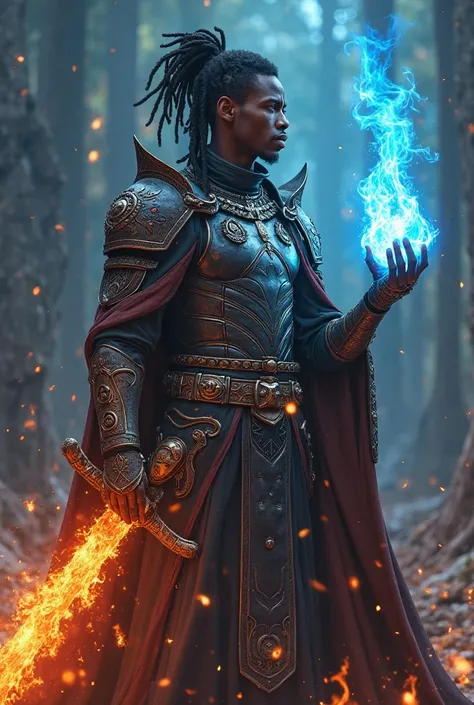 Tall, regal, young, king of DawnValley, Pyromancer, Inferno's_edge (fire greatsword) in right hand,astralite armor,Dreadlocks, african American ,fireball in left hand,dark fantasy, fantasy, retro,4k, blue fire