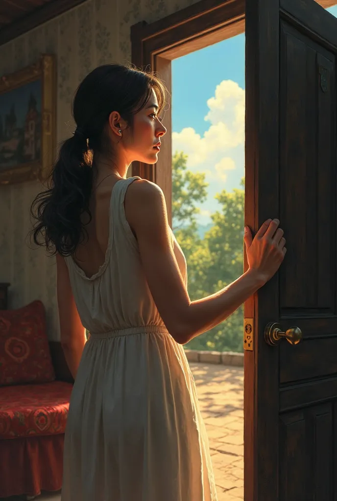 

‏"A woman standing beside a half-open door, with her back to the viewer. One hand is resting on the door handle, and she looks almost ready to open it. Her facial expression is mixed with frustration and sadness, with tears in her eyes, as though she is ...