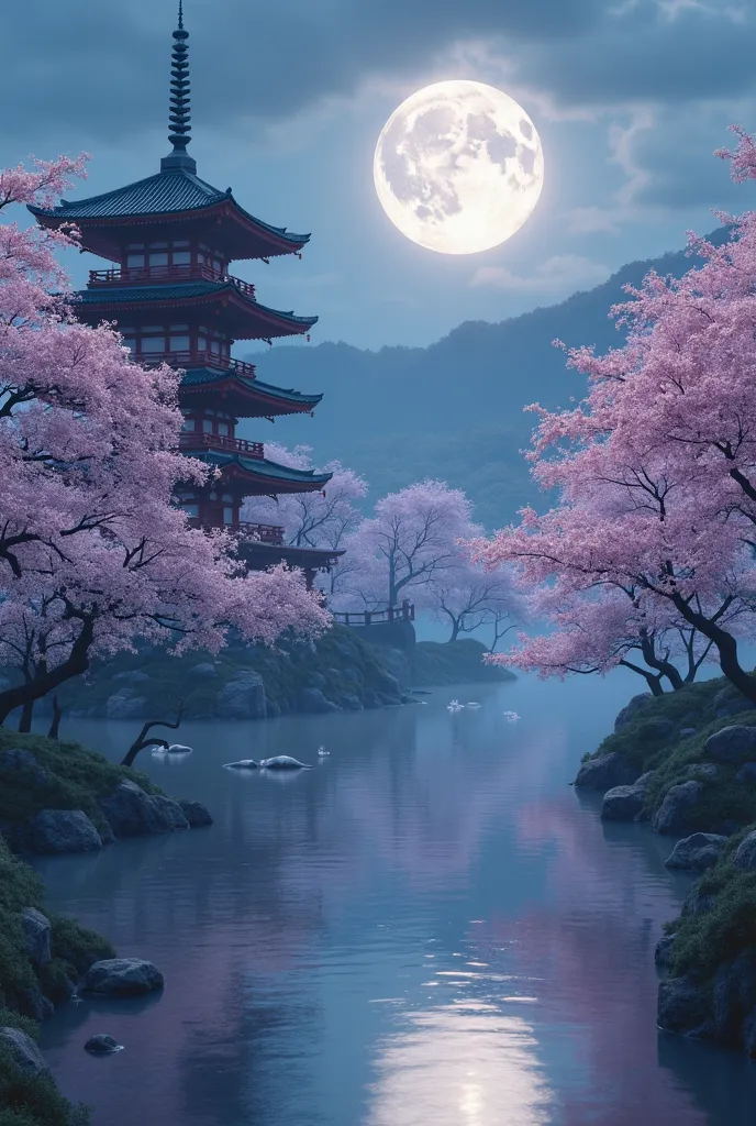 🎑️a serene moonlit landscape, full moon in night sky, Japanese pagoda in foreground, tranquil pond reflecting moon, cherry blossom trees, traditional Japanese architecture, mist or fog shrouding scene, soft blue and purple tones, 8k, hyperrealistic, intric...