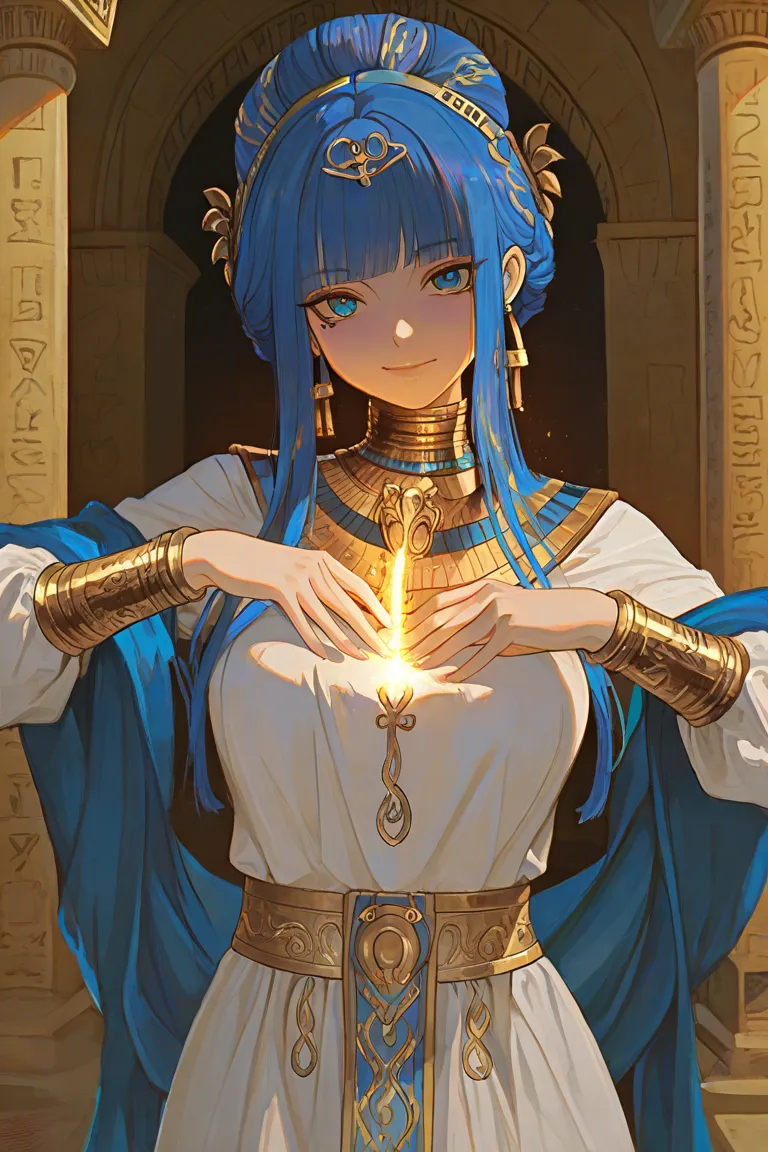 a cute girl with blue hair looks elegant wearing egypt dress cleopatra