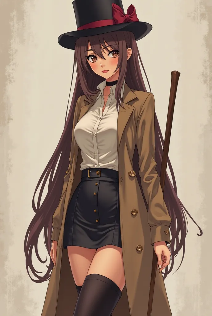 Lean woman with brown hair a burgundy bow on her hair. Black top hat and holding a long wooden stick. Brown long coat short black skirt with a tight button blouse and boots with thigh length stockings. Anime style Japanese. Indian with beady eyes and caram...