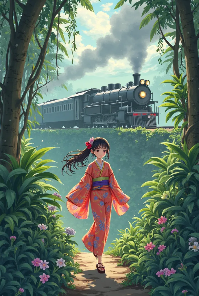 A anime girl walking in jungle in front of  passing train