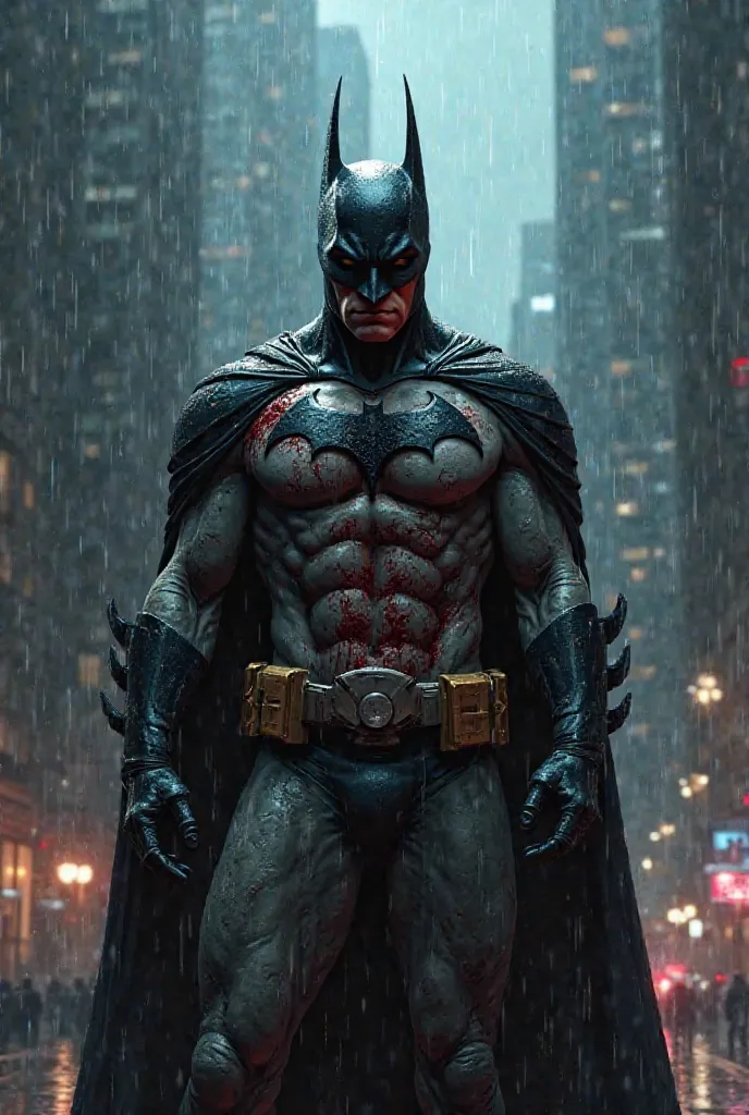 Batman that the cops have impaled, and it's raining, and Batman is looking down and wounded. 