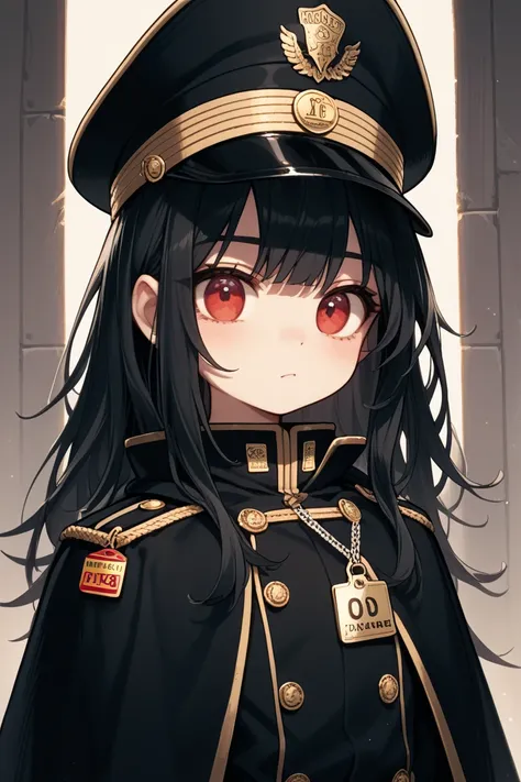 nsfw,deformed,Black military cap、Black Cloak,uniform,separate cloak,no hat,Increase luminosity, black hair、 Red,Long Hair, skirt,showing her chest