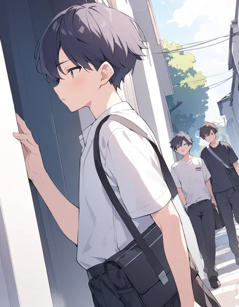 male middle school student、 male、 school uniform、white cutter shirt、Black trousers、black bag 、shortcuts、coming out of mouth、 residential area、dutch angle shot、 side view