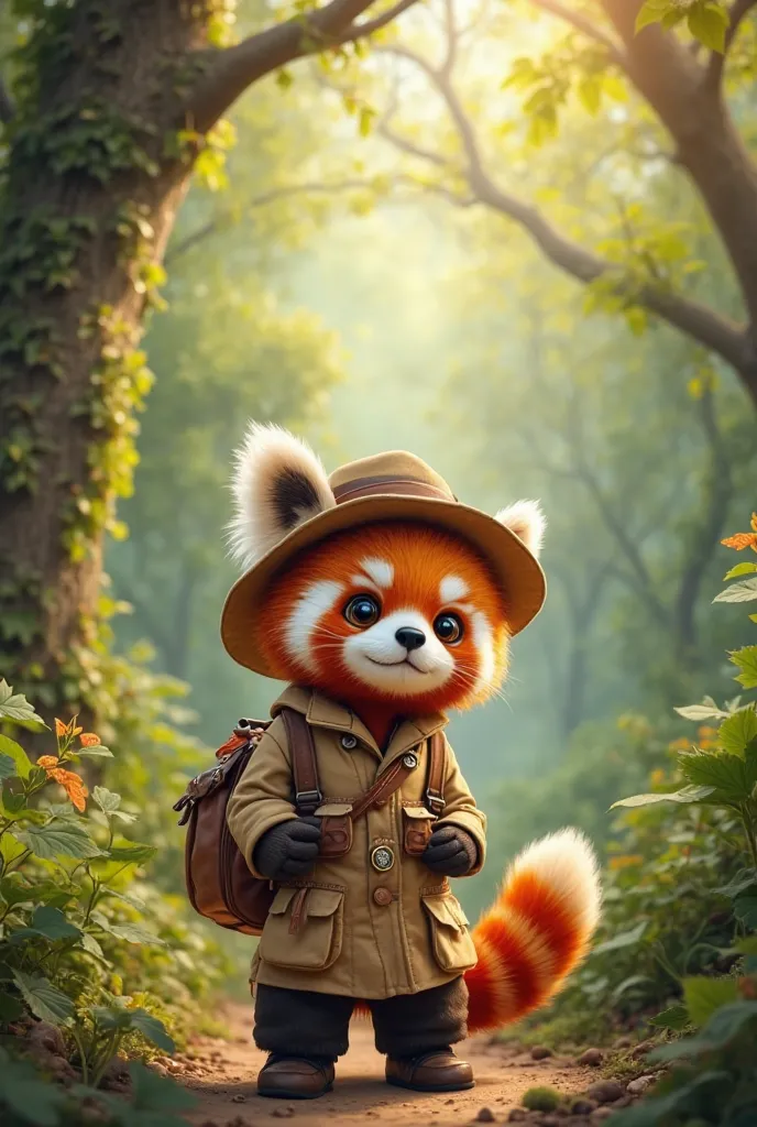 A charming, fluffy red panda with vibrant orange-red fur and a bushy, striped tail stands proudly at the entrance of a lush jungle, dressed for adventure. It sports a tiny, well-fitted explorer’s outfit—a beige safari jacket with multiple pockets, a matchi...