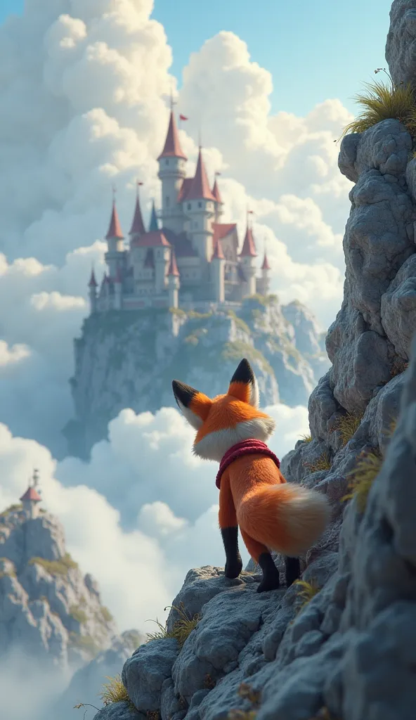 [Finn the Fox] climbs a steep, rocky mountain path. The Cloud Castle is visible in the distance, surrounded by swirling clouds. Mood: adventurous. Colors: grays, whites, and soft oranges. Art style: cinematic 3D.