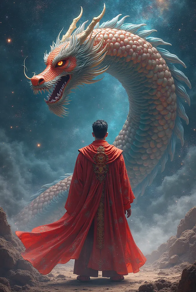 Picture of a magician in space wearing red and Behind him a great Chinese dragon looks at him.