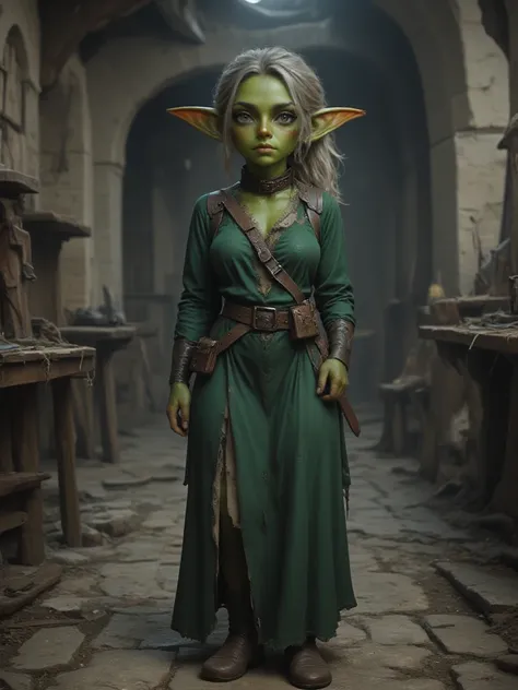 full shot of a short goblin slave girl with green skin, gray long ponytail hair, dirty face, attractive body, slave chain collar on her neck, worn out and ripped long dress, green skin color, medieval room background