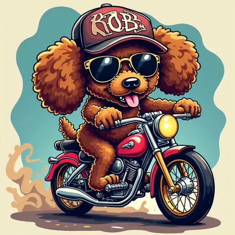 "Distinctive afro hair like Snoop Doggy、It featured 1 toy poodle in cartoon style、detailed and vivid graphics, wearing oversized sunglasses and a backward キャップ. Bone-shaped gold plate with the name BOB written on the neck、Dogs are full of confidence in the...