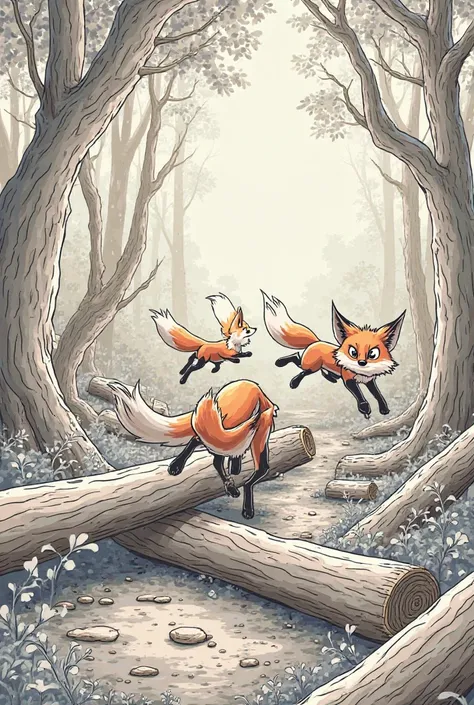 
10. Foxes running through a forest, jumping over logs.line art, without color