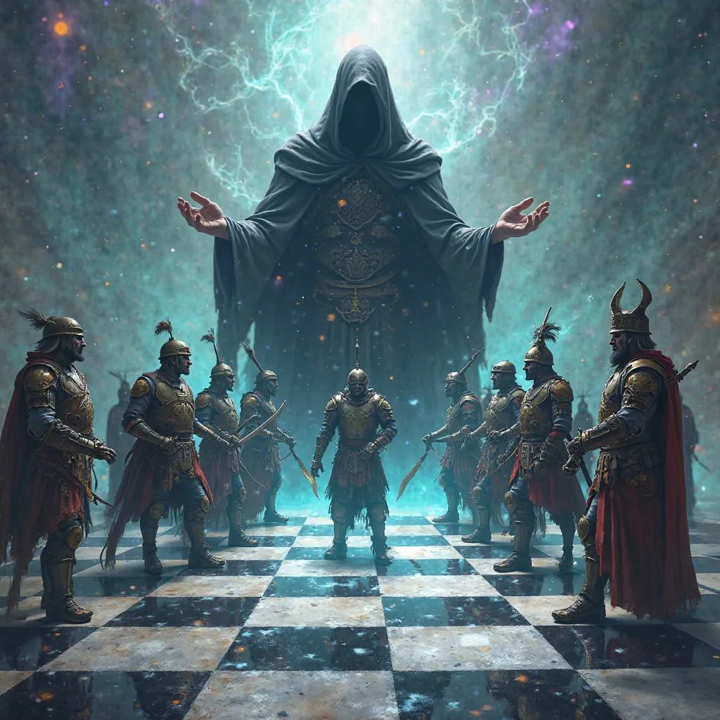 A chessboard where every piece is a warrior, with one mysterious figure in a hood moving them like a grandmaster manipulates people in real life