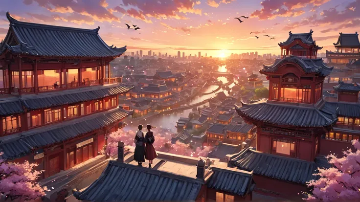 (is best,4K, 8,000,high resolution, masterpiece:1.2),super detailed, actual ,Romantic,traditional Chinese style house,lovers standing on the roof,gazing at the distant skyline,the sunset glow casting a beautiful scenery with the Ancient Capital,,Colorful C...