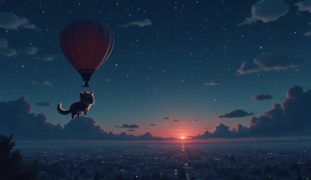 The kitten drifts high above the sleeping city, silhouetted against a deep indigo sky filled with stars. Wisps of clouds pass by, and the balloon glows faintly red against the darkness. The horizon begins to lighten with the soft hues of an approaching sun...