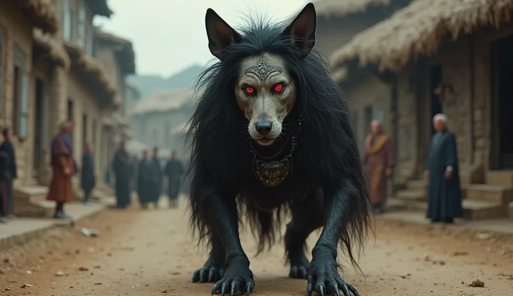 "A mystical humanoid creature with a realistic human face, glowing red eyes, and long, wild black hair. The body is that of a dog, covered in dark fur, with strong limbs and a crouching posture. The creature has pointed ears and wears a forehead ornament w...