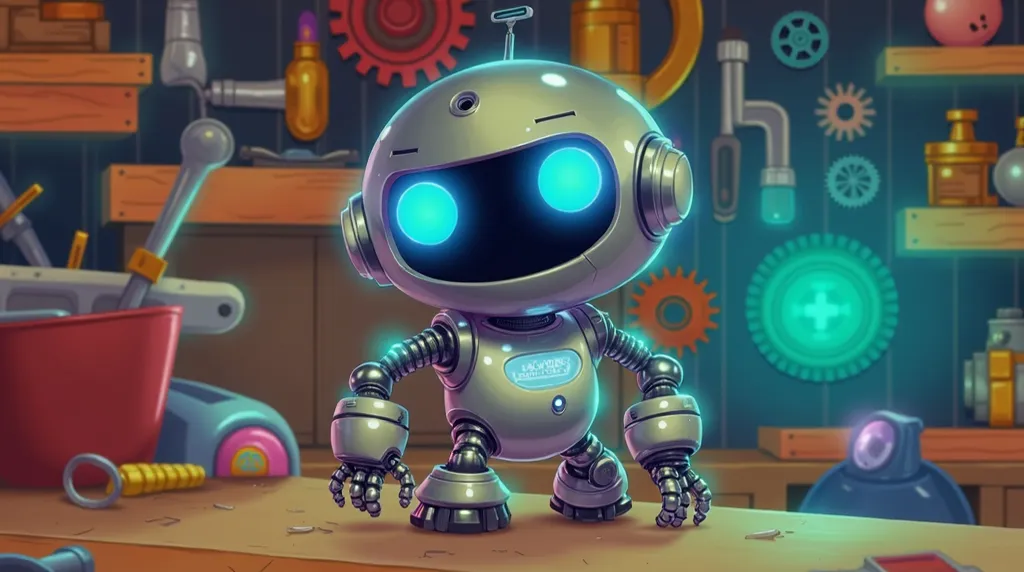 A cheerful, small robot with a shiny metallic body and bright blue eyes stands in a colorful workshop filled with gears, tools, and blinking lights.

