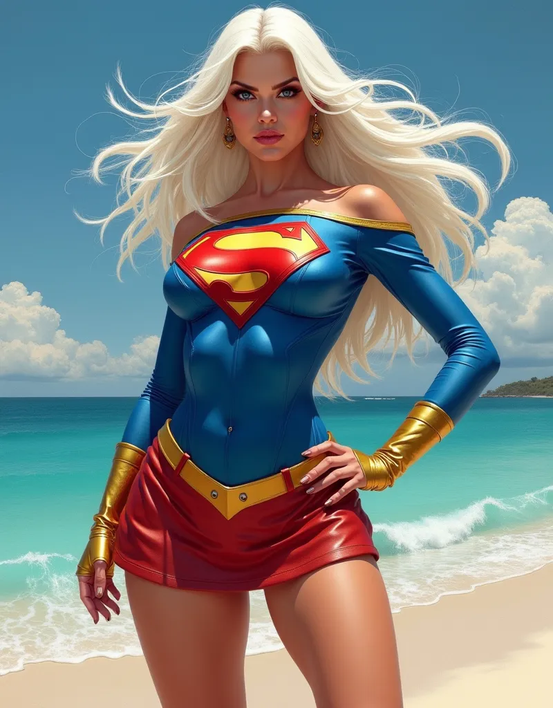 superheroine (((Superwoman ))), dressed in ((( blue super man suit with the letter S on the chest , (((red very short leather skirt almost bare hips))). yellow metal belt )),  sexy painting of Supergirl , white hair develops in the wind. Sunbathing on the ...