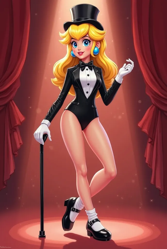 Cartoon sexy Princess peach in a tuxedo jacket, white button up shirt, bow tie, leotard bottom,top hat, and shiny black mary jane tap shoes with white socks, practicing tap dancing, holding a black cane, red curtain background, , blushing