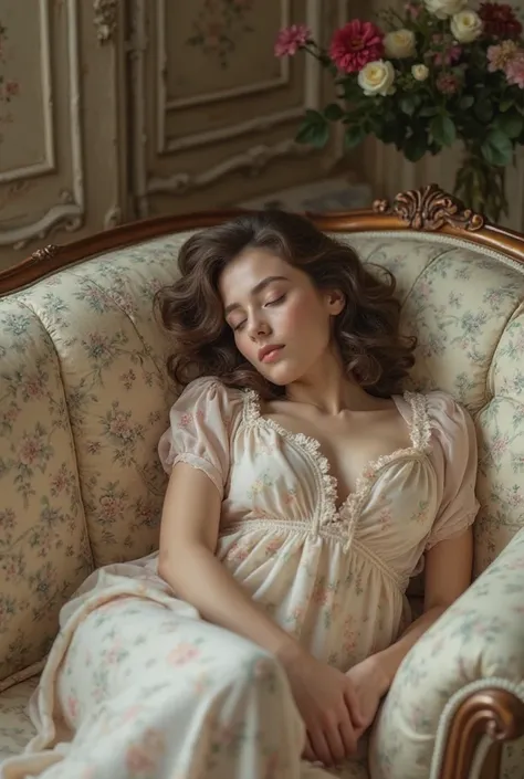 arranged in loose curls, filling the space with the aroma of, A peaceful girl sleeps on an old vintage sofa. Her outfit, touch the upholstery of the sofa, gently flows through the body, and hair, made of lightweight silk, gently flows through the body. and...