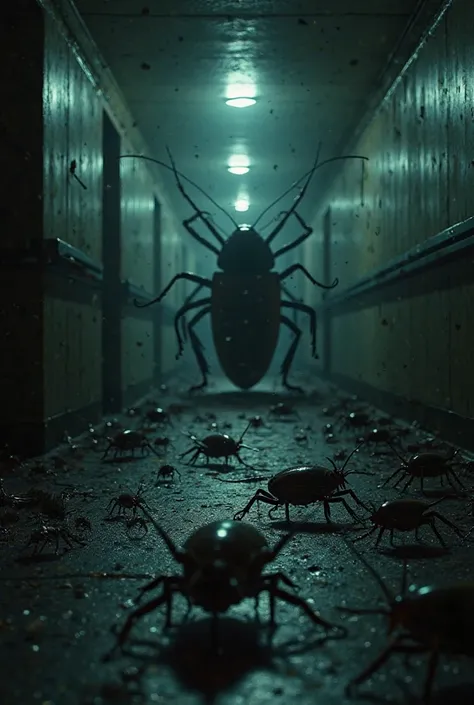 POV of someone standing in a dark and narrow corridor, with dimly blinking lights . The floor and walls are covered with hundreds of tiny cockroaches crawling in all directions..  some climb the walls , others advance across the uneven and dirty ground.  A...