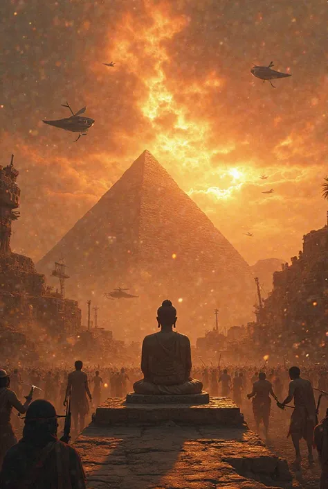 The sky over ancient Egypt burns as alien warships descend upon the great pyramids. Egyptian soldiers and extraterrestrial invaders clash in a battle of swords and energy weapons. In the heart of the chaos, Buddha sits calmly on a stone platform, radiating...