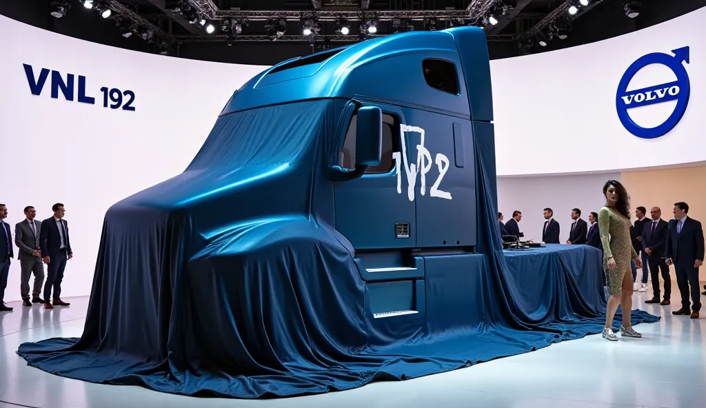 A sleek, modern 2025 Volvo VNL 192 truck partially covered with a dark blue metallic color cloth displaying a prominent Volvo VNL 192 logo, being unveiled by (Ten) people. The car is a vibrant dark blue metallic with a streamlined design, positioned in an ...