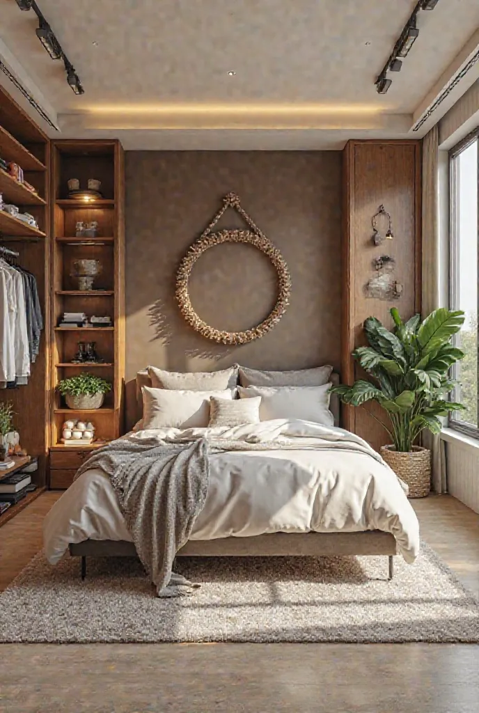 Create a very large room with a mini hoop and a three-line. An open wardrobe with designer clothes, shoe rack with designer shoes,  plant , nice lighting, Very, large bed, wirlpool, Window, tropical, desk with PC, 