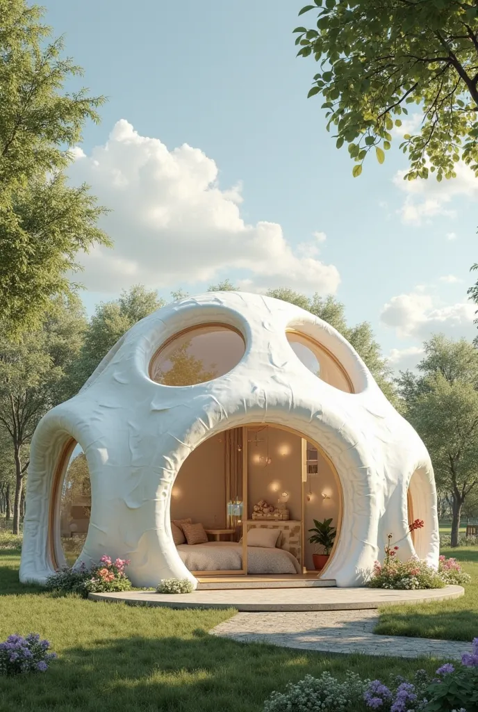 outside, to look like a round building with 5 sections, in the form of cotton