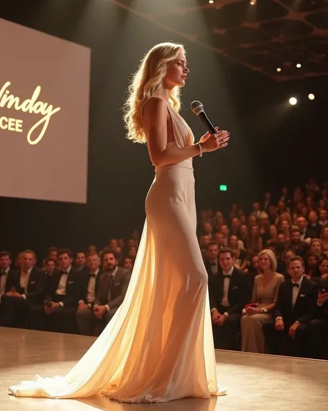 A breathtakingly elegant blonde fashion model, Louise, stands confidently on a grand stage, holding a sleek microphone. The massive screen behind her displays the prestigious event’s logo, illuminating the stage with a sophisticated glow. The audience, dre...