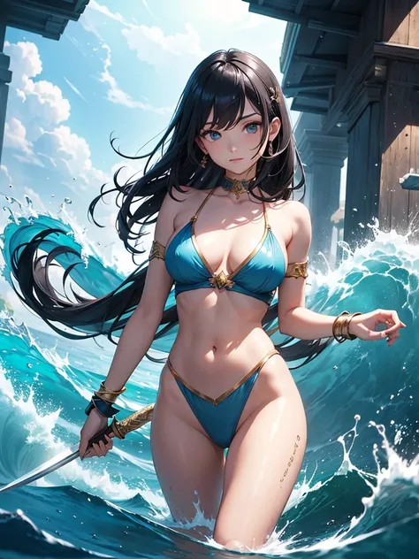 The goddess who descended into the courtroom during modern trials、 Naked Goddess 、Themis, goddess of justice、 with a gold balance in her right hand and a sword in her left hand 、 holding a balance in her right hand 、big breasts、 tight hips in the water、 ha...