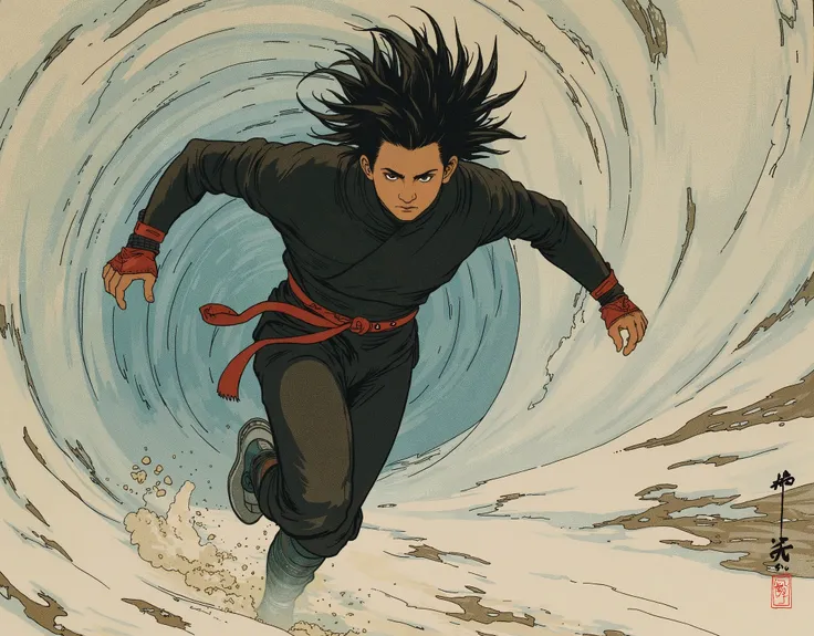(masterpiece:1.2, Highest quality,high resolution,very detailed),8k,16k,wallpaper,(Walking in the wind),(Super Detail),( Ukiyo-e:1.6),Ninja runs through the wind tunnel, black hair,random hairstyles,( Wind Ninja ),(Black Costume),(detailed faces:1.3),(hump...
