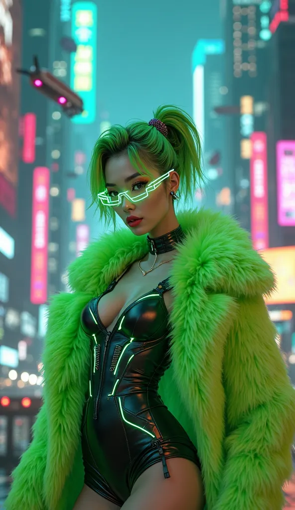  cyberpunk woman , Neon green hair,  Korean Makeup , Wear cyber glasses, wear a cyberpunk mini dress (wear a neon green fur coat around the neck、the dress has a neon green LED light design),  elegant pose,  full body photo ( head to toe),  cyberpunk city b...