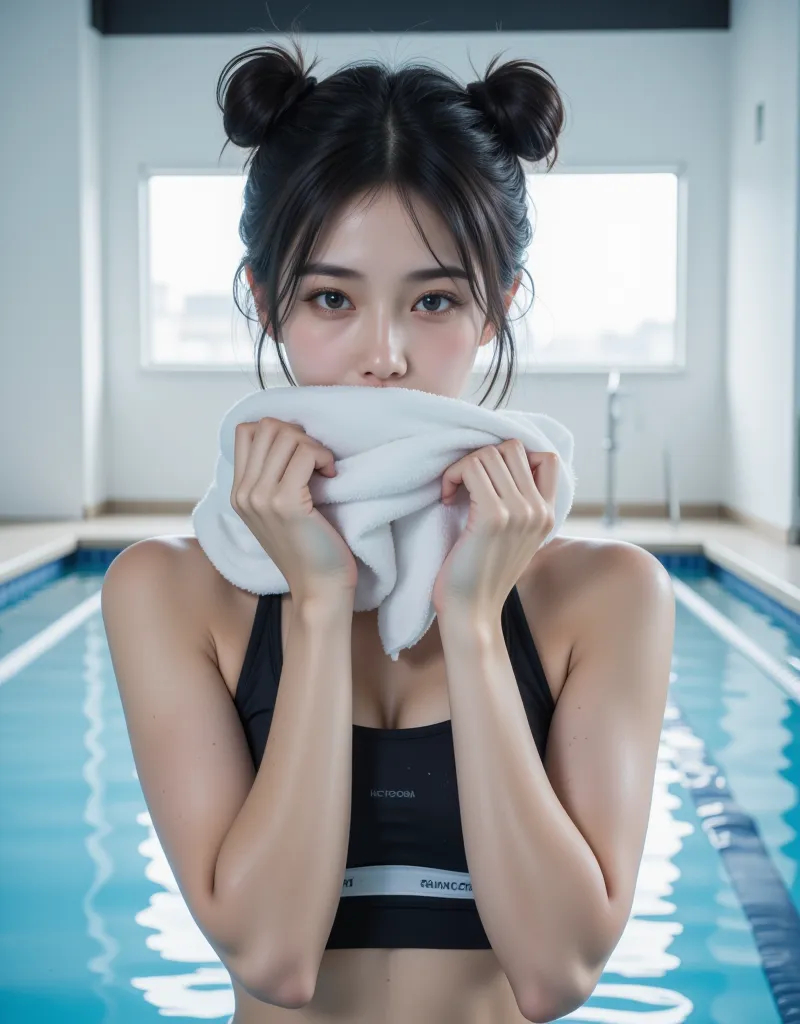 (A super cute busty Korean female announcer is standing wearing a sports bra and shyly making a gesture to hide her face with a sports towel:1.2)(smile:1.1)(16k,  RAW photos , Highest quality, masterpiece: 1.2),(Shiny black double bun hair wet with water) ...