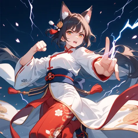 1 girl, solo, high resolution, Fox Ears, anatomically correct, high quality, shortcuts,  ink painting style、thunder、Martial Arts、 battle poses、Stance、china dress、no background