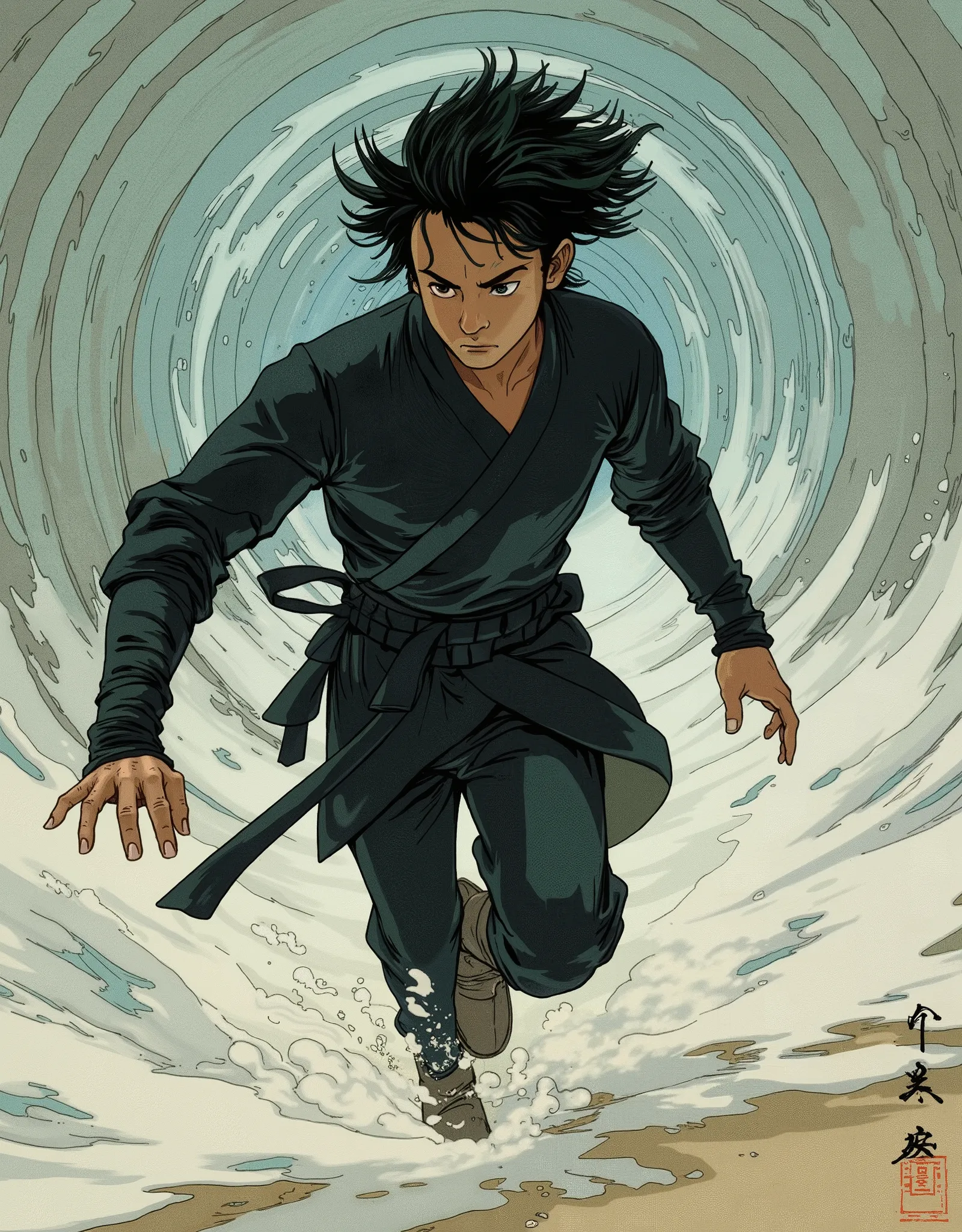 (masterpiece:1.2, Highest quality,high resolution,very detailed),8k,16k,wallpaper,(Walking in the wind),(Super Detail),( Ukiyo-e:1.6),Ninja runs through the wind tunnel, black hair,random hairstyles,( Wind Ninja ),(Black Costume),(detailed faces:1.3),(hump...