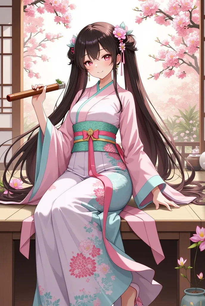 ( masterpiece、 of the highest quality、 of the highest quality、 Official Art 、Pretty and beautiful:1.2)、(one person:1.3) Hatsune Miku 、 double ponytail, beautiful breast ,  Katsushika Hokusai ,A 24-year-old woman plays a traditional Japanese instrument. She...