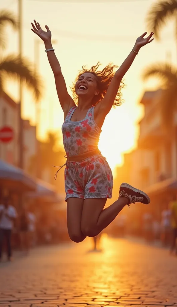 A joyful and playful young woman with a beautiful, silly expression, mid-air as she jumps and Stretching her legs. Her hands are raised high above her head, radiating pure excitement and fun. She wears a flowy summer dress and a sporty, colorful ensemble. ...