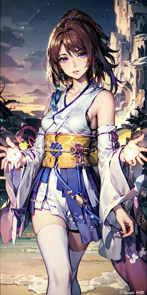 1girl, japanese clothes, ponytail ,white hair, purple eyes, magic circle, blue fire, blue flames, wallpaper, landscape, blood, blood splatter, depth of field, night, light particles, light rays, sidelighting, thighs, fate \(series\), final fantasy, ****, o...