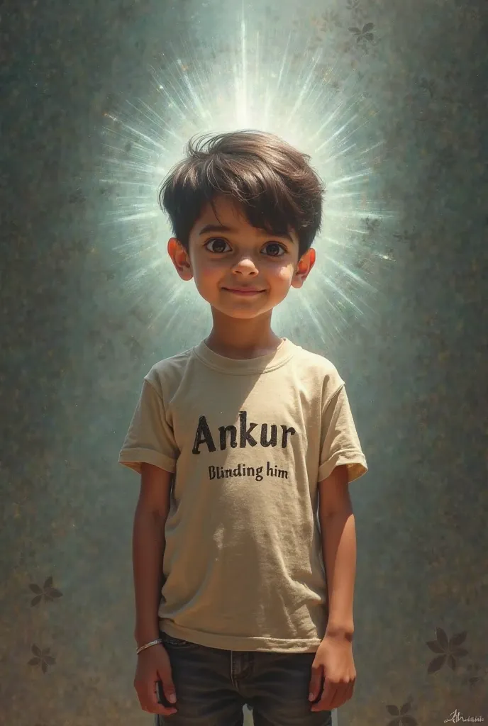 A boy stand his is Ankur and his name written on his t shirts and Godahadev blessing him 