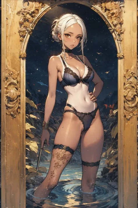 white hair, tan, tanlines ,one-piece tan, dark skin,anatomically accurate，Normal proportions， transparent bra and panties， open legs，Black Lace Stockings，stick your butt towards the camera， attractive， sexy， Give a good figure ，The proportions are normal ，...